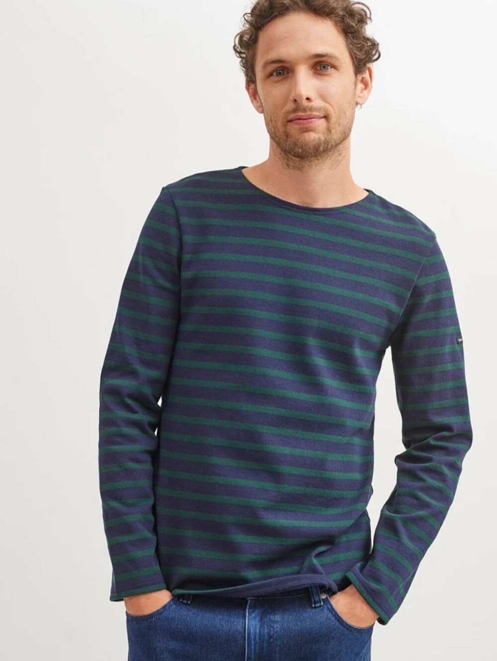 Saint James Men's Navy and Green Striped Long-Sleeve Crew Shirt